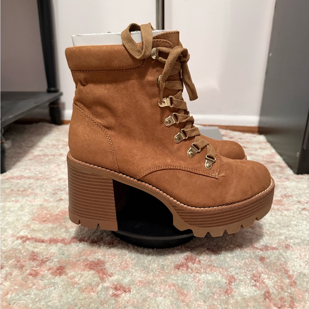 Wild Pair Brown Lace-Up Chunky Heel Boots